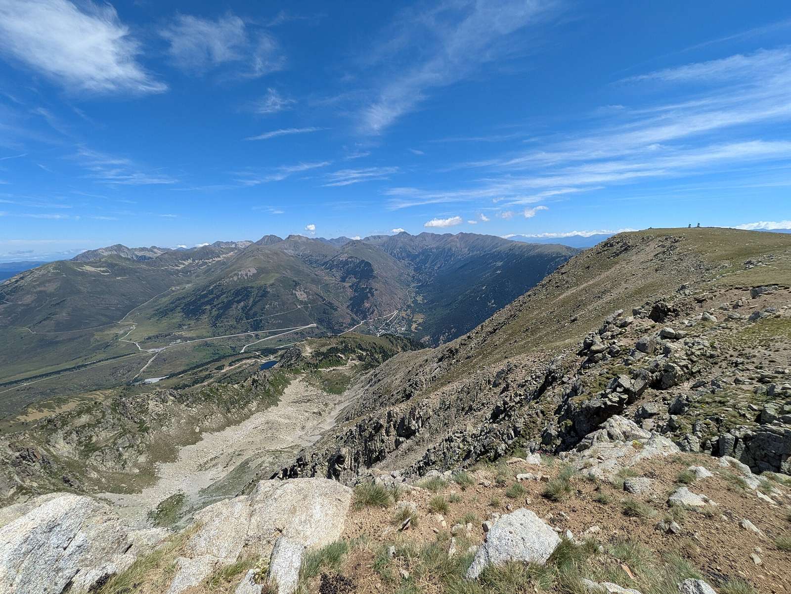 Pic de Font Freda (2733m), on the right, and Col de Puymorens, below on left, Pyrénées-Orientales, France.