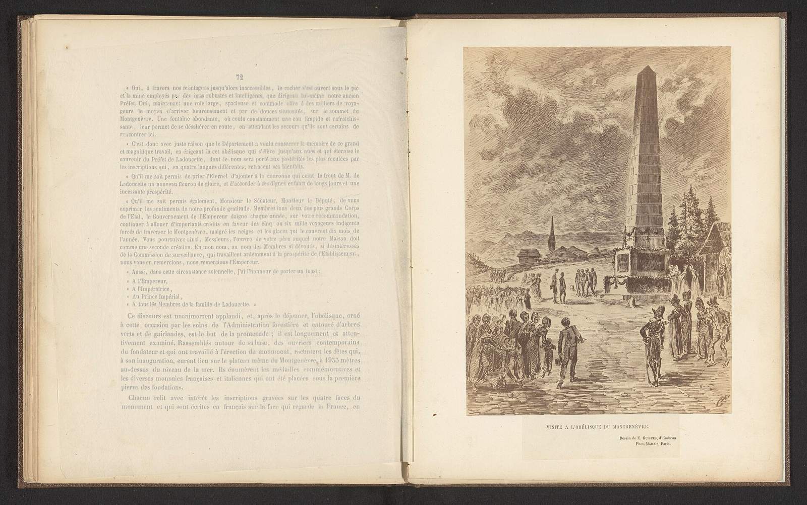 IdentificatieTitel(s): Fotoreproductie van een tekening van een bezoek aan een obelisk in Montgenèvre. Visite a l'Obélisque du Montgenèvre (titel op object)Objecttype: foto reproductie bladzijde Objec
