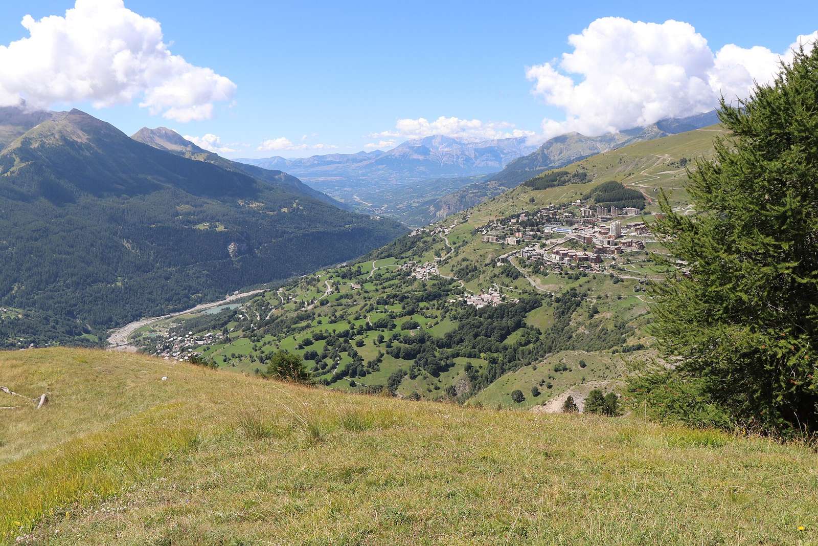 View of Orcières village and Orcières Merlette ski station in France High Alps