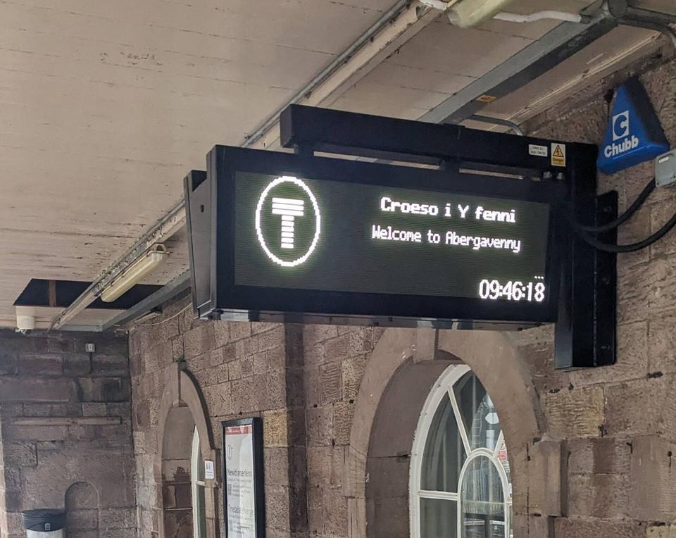 Electronic Welcome on Abergavenny station platform 1