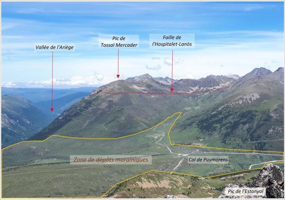 Vue vers le nord depuis le Pic de l'Estanyol (granodiorite hercynienne), à travers le col de Puymorens (formations cambriennes métamorphosées recouvertes en partie par des dépôts glaciaires), jusqu'à 