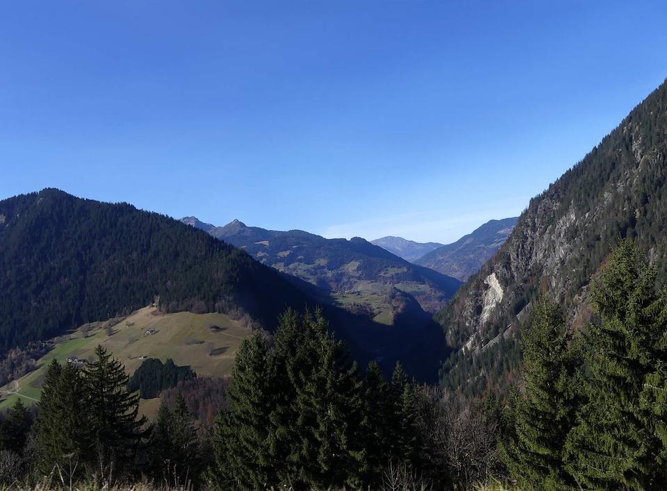 Sight, in autumn from the road leading to Roselend lake, of Beaufortain mountain range, towards Défilé d'Entreroches defile and Beaufort, Savoie, France.