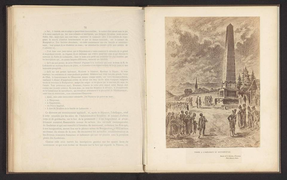 IdentificatieTitel(s): Fotoreproductie van een tekening van een bezoek aan een obelisk in Montgenèvre. Visite a l'Obélisque du Montgenèvre (titel op object)Objecttype: foto reproductie bladzijde Objec