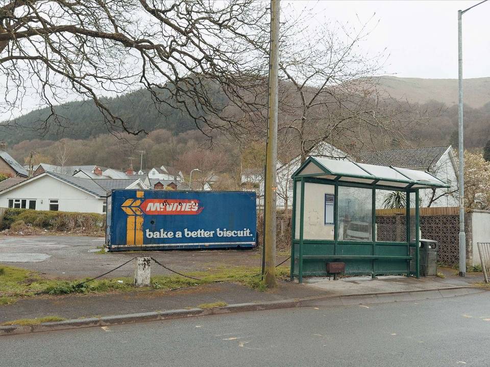 Bus Shelter and Vintage McVities shipping container