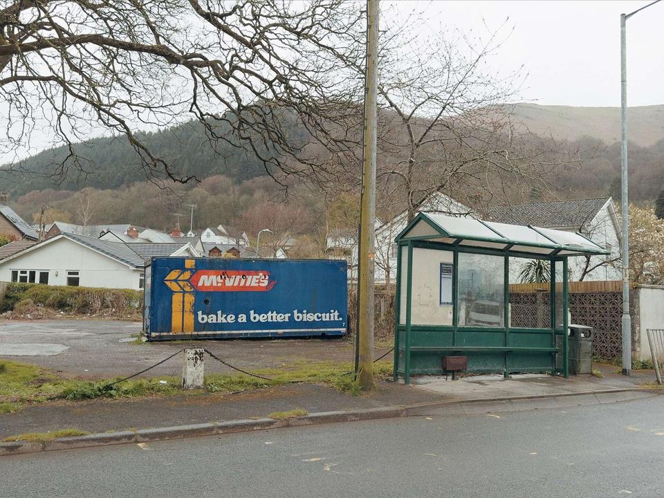 Bus Shelter and Vintage McVities shipping container