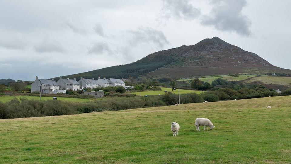 View of houses on Cae'r Llwyn, Dinas, with Garn Fadryn visible in the background