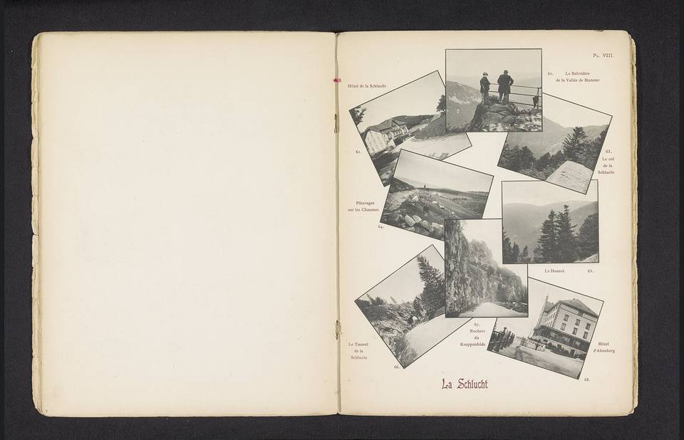 IdentificatieTitel(s): Acht plekken in de omgeving van de Col de la Schlucht. La Schlucht (titel op object)Objecttype: fotomechanische afdruk bladzijde Objectnummer: RP-F-2001-7-158-8Opschriften / Mer