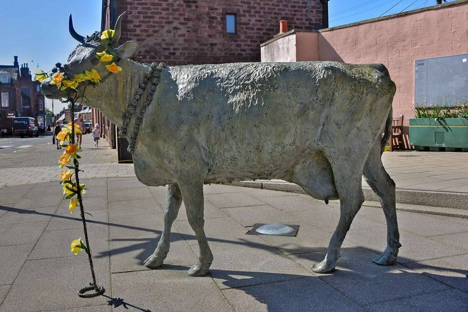 A statue in the center of Turriff, of a cow that was seized in 1913 from a farmer who refused to perform the British equivalent of Social Security withholding.